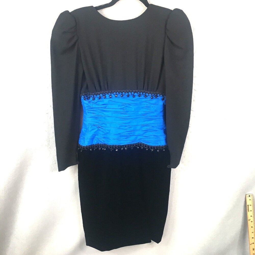 Vintage Lawrence Dress Womens 4 Blue Black Ruched Event Neiman Marcus Cocktail